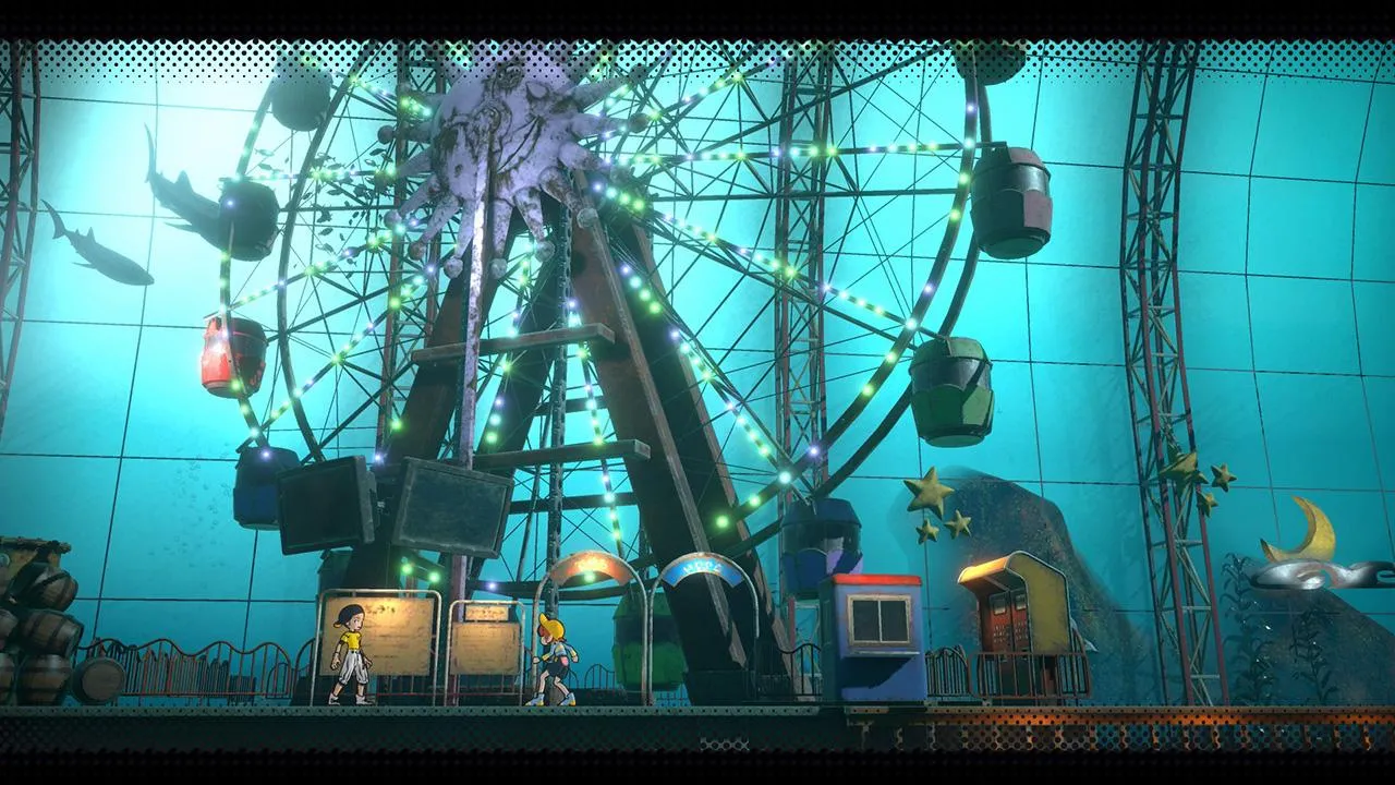 World’s End Club Screenshot showing the characters in a seemingly abandoned water park